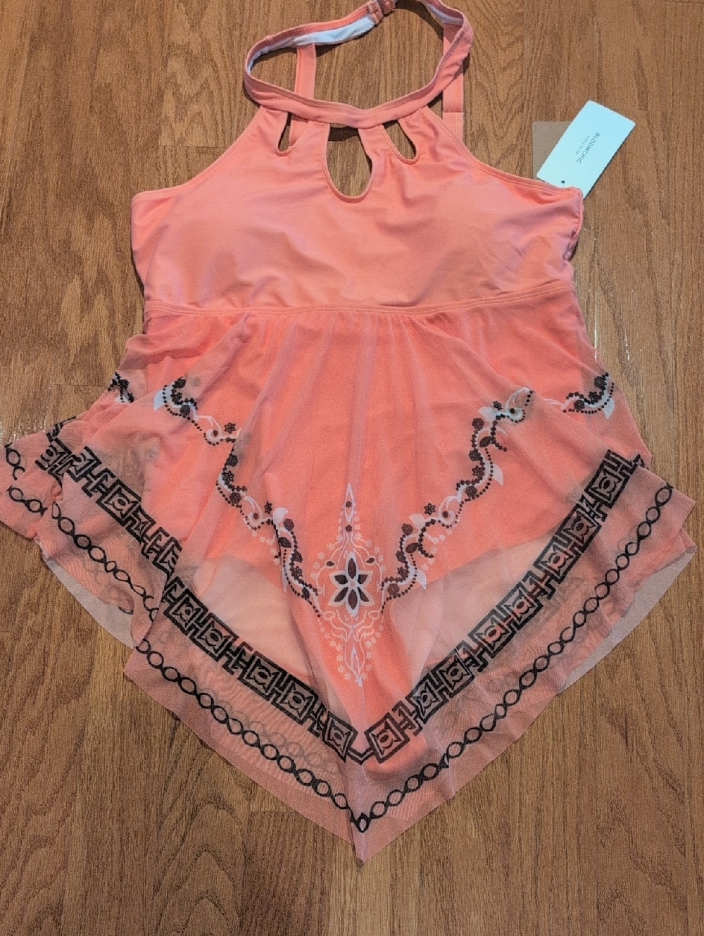 BloomChic Coral Halter Tank Top with Embroidered Print Mesh Overlay